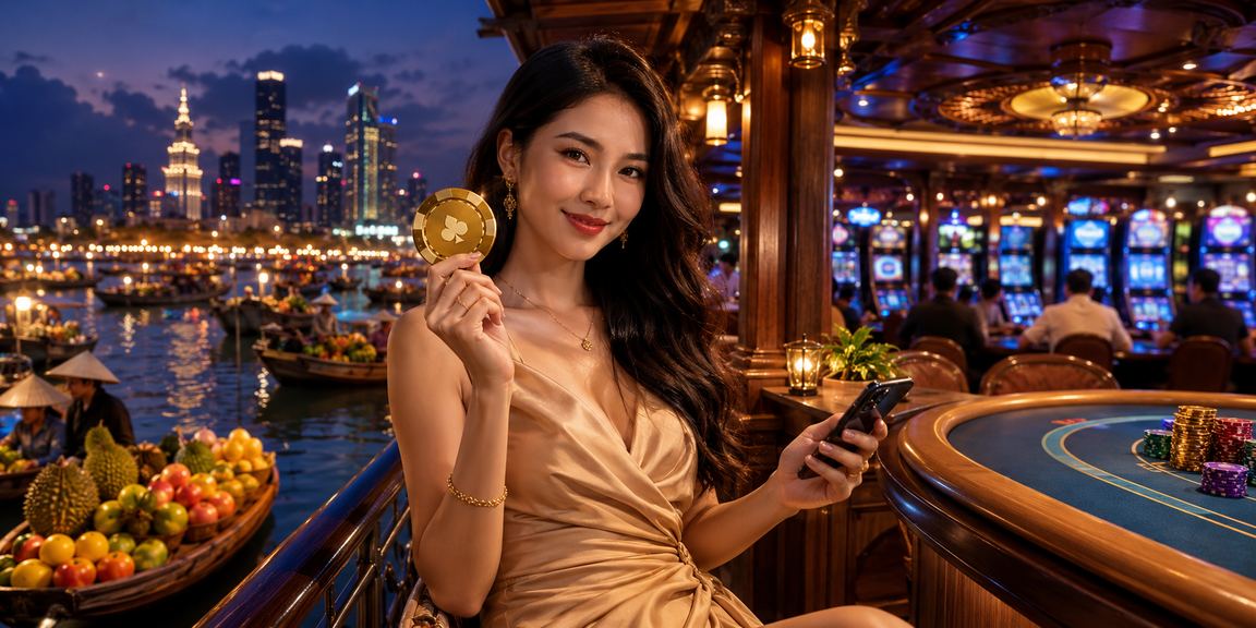 Người chơi tại vùng Mekong xem khuyến mãi 363 trên điện thoại bên tách cà phê buổi sáng