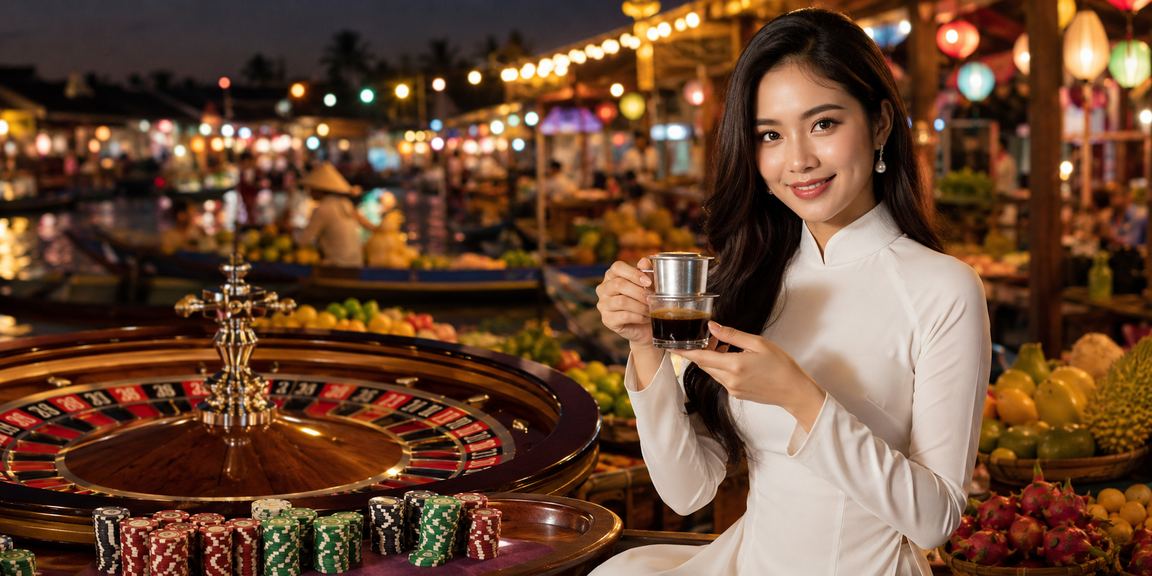 Phụ nữ mặc áo dài bên bàn roulette jackpot live casino tại vùng sông Mekong