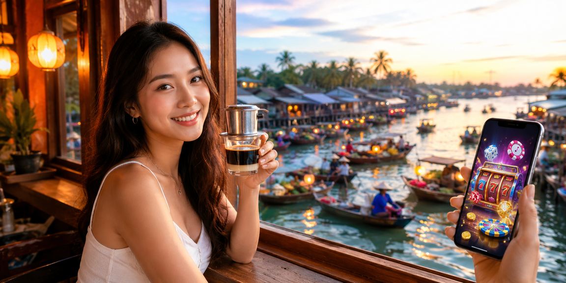 Người dùng trải nghiệm ứng dụng casino di động tại Phú Quốc bên ly cà phê